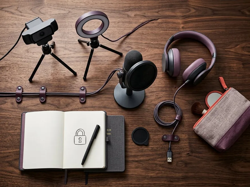 Webcam, microphone, ring light, headphones and privacy planning notebook arranged on a desk
