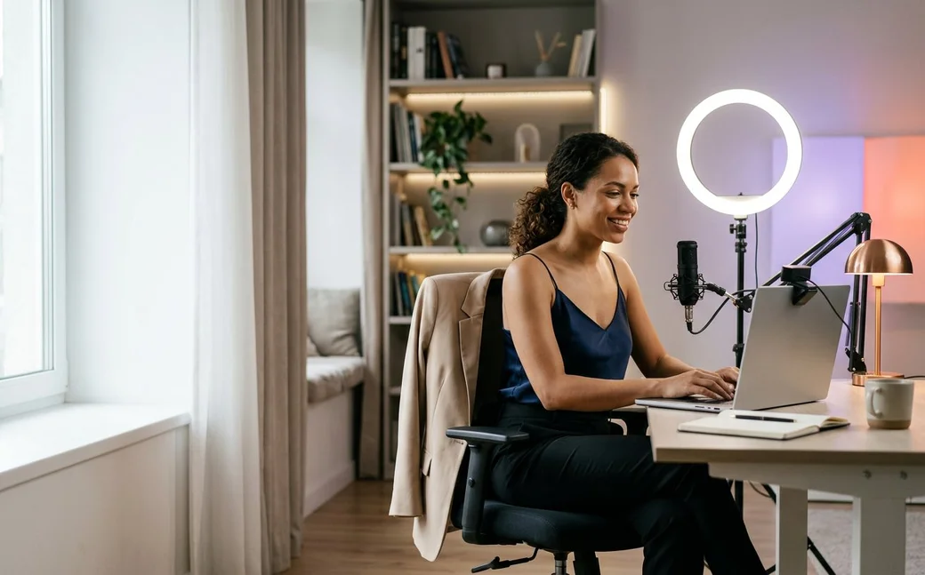Adult creator working at a laptop with a webcam, microphone and ring light in a professional home studio