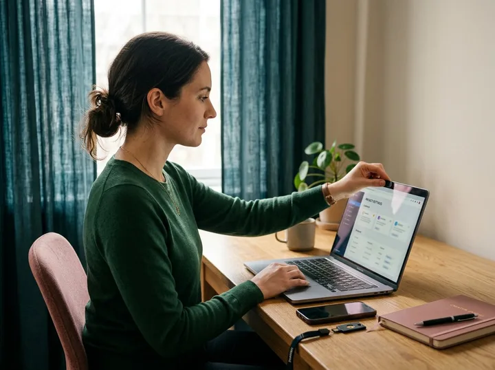 Adult creator closing a webcam privacy cover at a tidy laptop workstation
